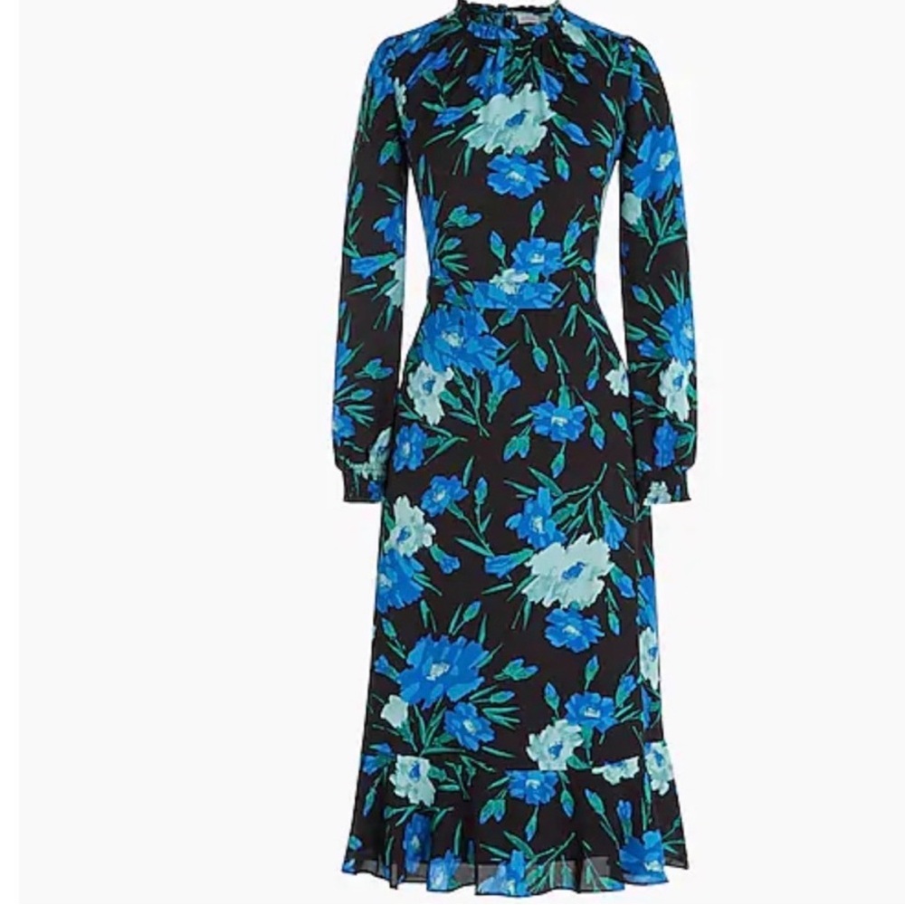J. Crew Ruffleneck Peasant Long Sleeve Midi Dress Blue Black Floral Sz 2
